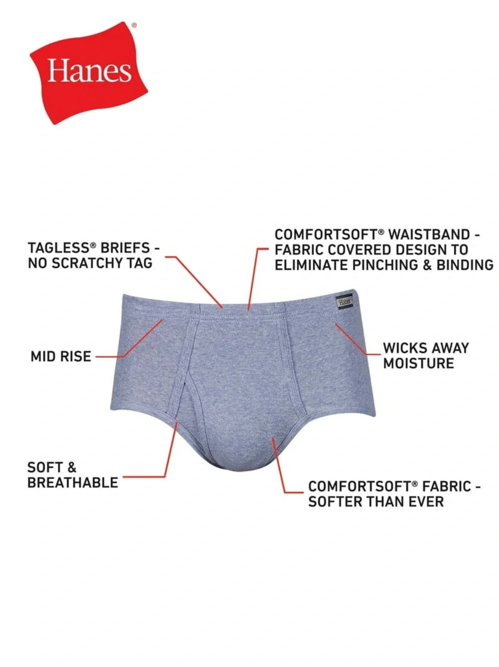 NWT Hanes Men’s Briefs 6-Pack in Red, Black, Gray, Green, Blue, Light Blue XL